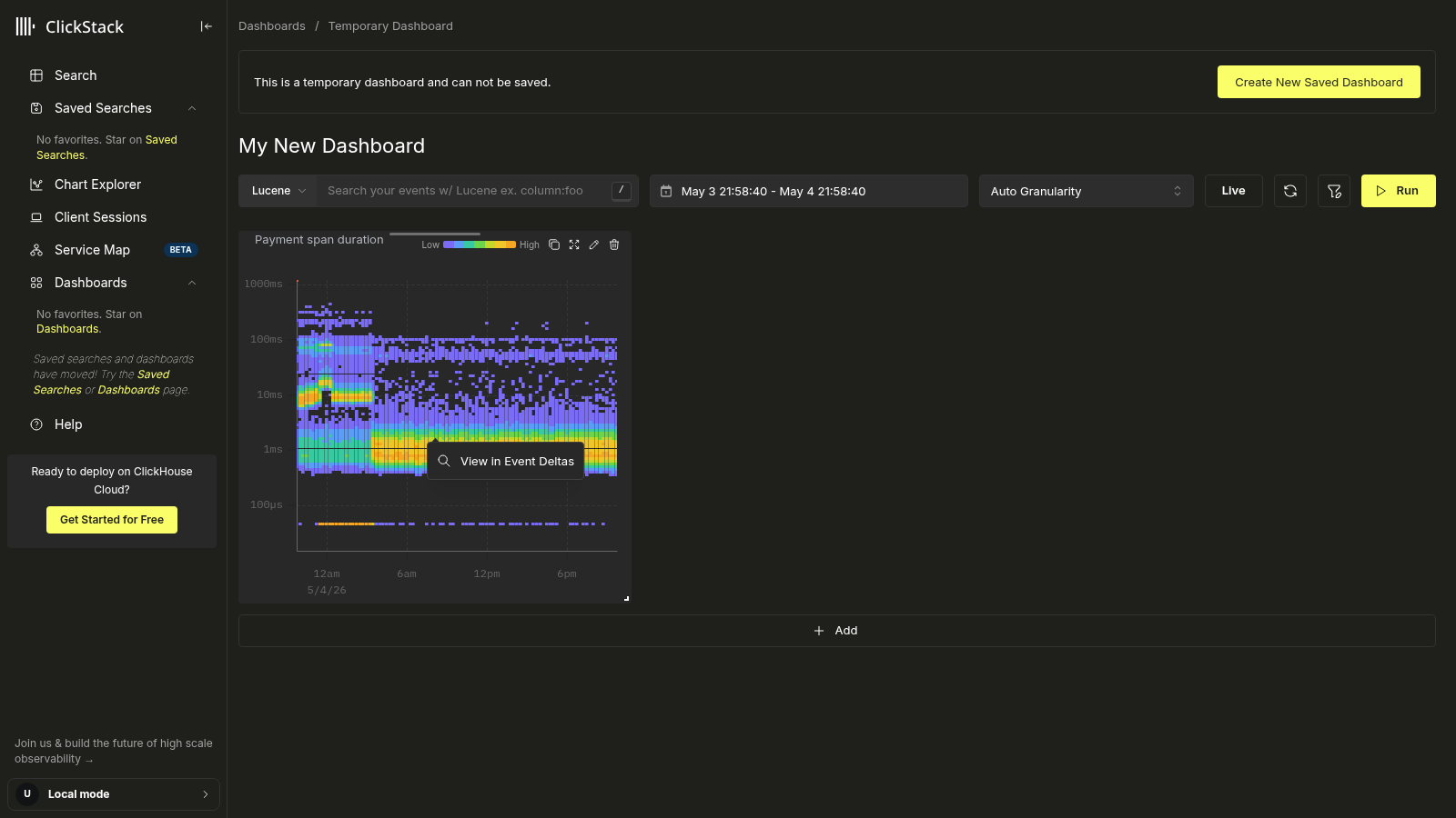 При щелчке по ячейке heatmap отображается действие View in Event deltas