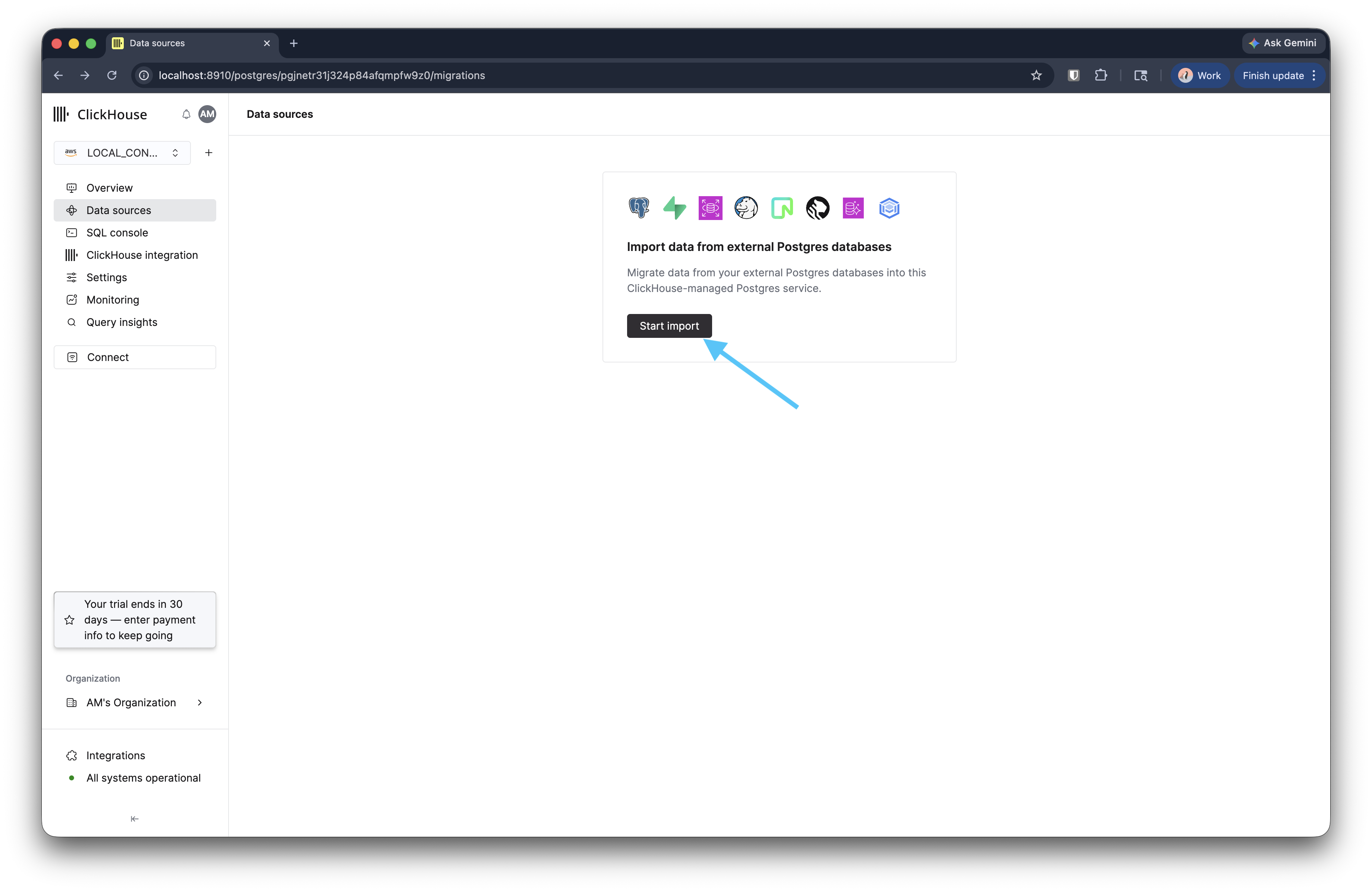 Страница Data sources с кнопкой Start import